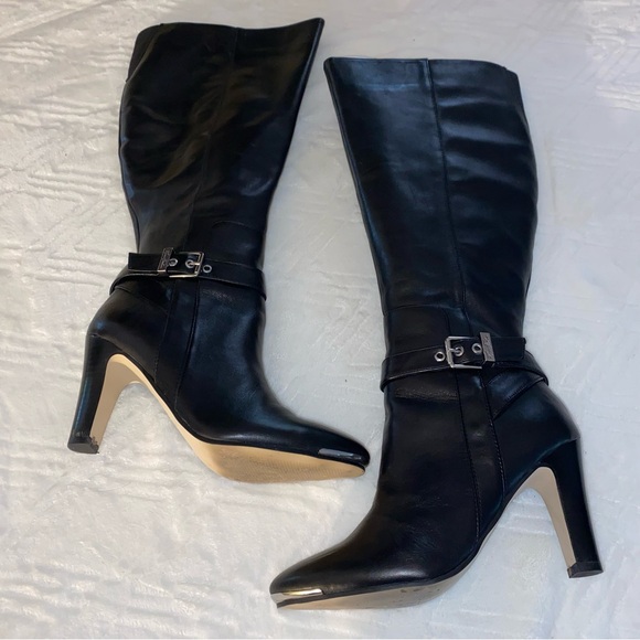 Marc Fisher Black Leather Wide Calf Heel Boots